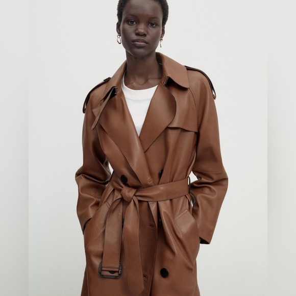 Massimo Dutti leather trench coat brown belted classic casual jacket - Picture 7 of 13